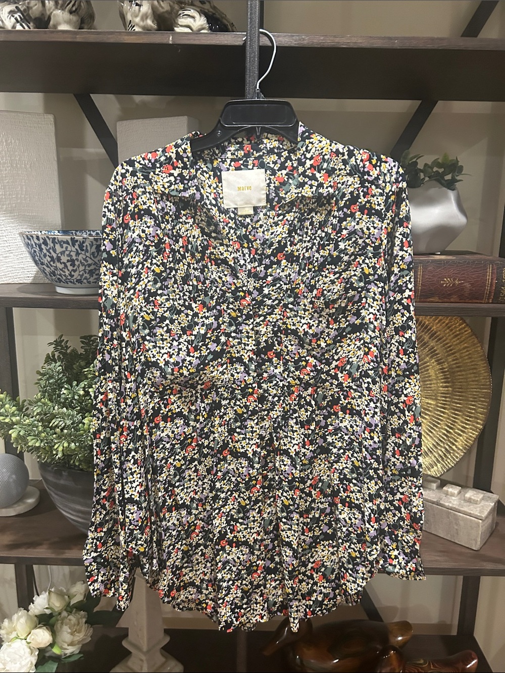 Maeve Black large Floral Button-Front Long-Sleeve Blouse with Red and Yellow